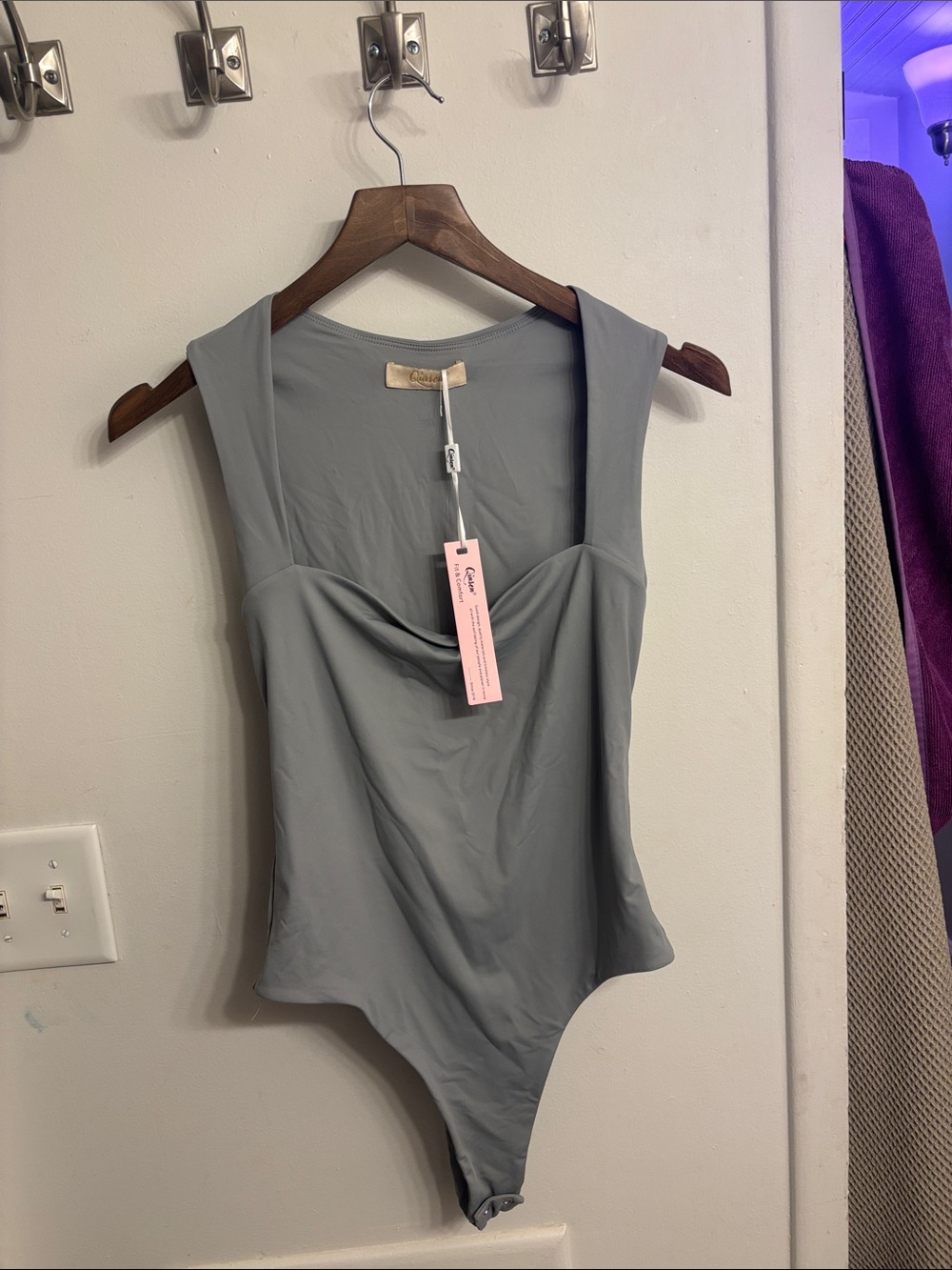 Draped Neck Sleeveless Bodysuit in Light Gray